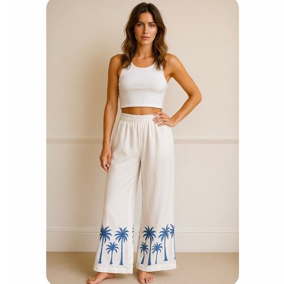 Calypso St. Barth White Linen Pants Blue Palm Tree Print Coastal Resort Wear - Picture 1 of 9